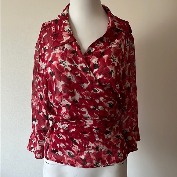 Johnny Was Silk Red and White Abstract Wrap Blouse Size L - Picture 1 of 7